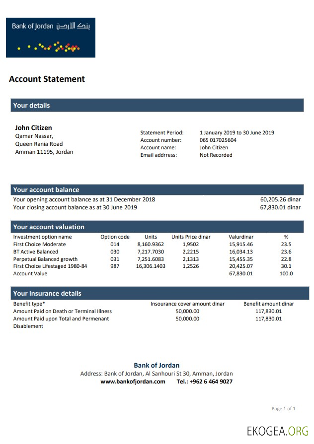 Relevé bancaire de la Jordan Bank of Jordan